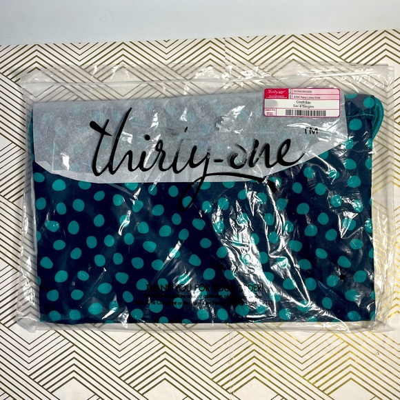 Thirty-One Cinch Sac Navy Lotsa Dots 439K Navy & Teal NIP - Picture 1 of 7